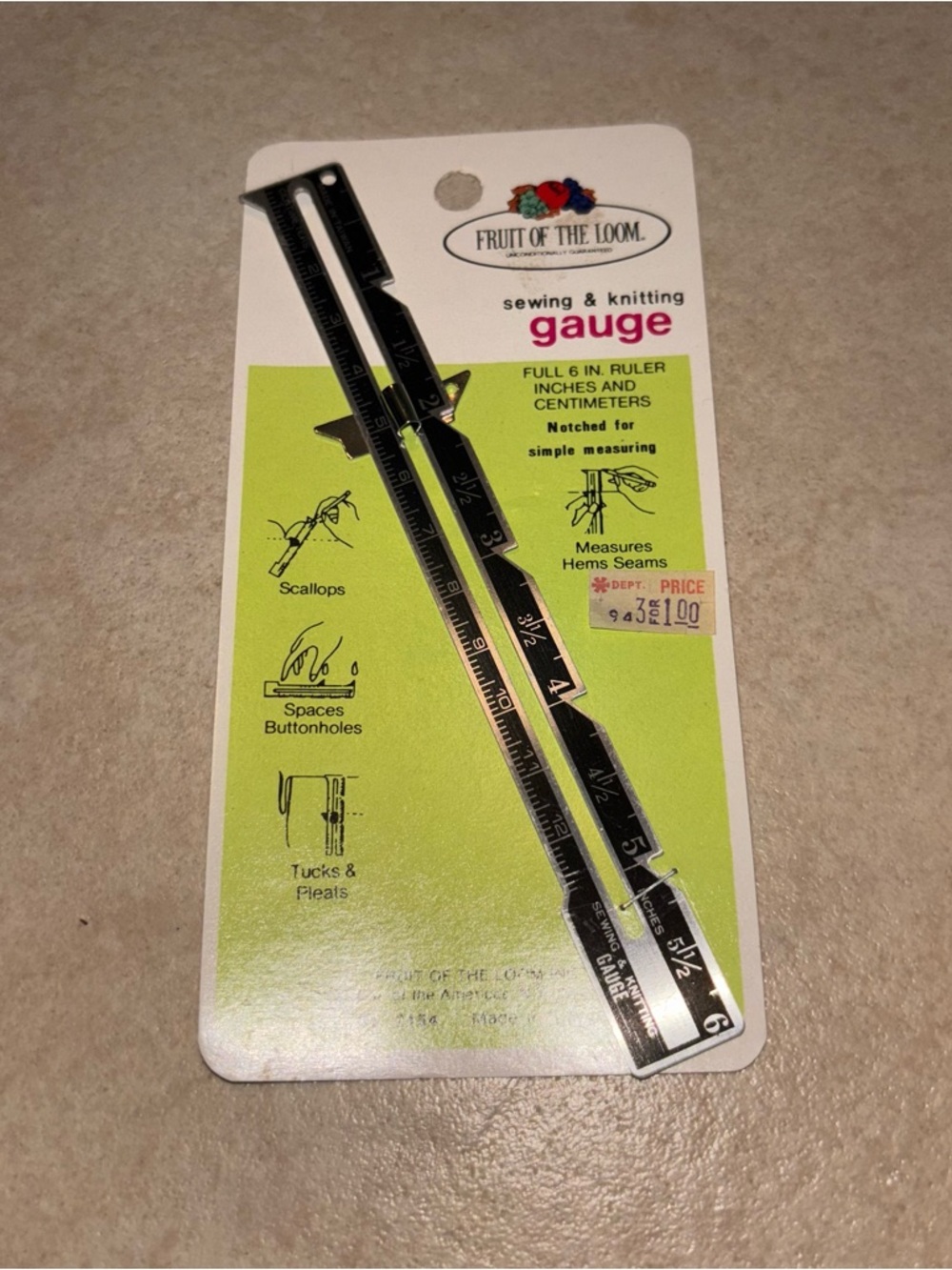 Vintage Fruit of the Loom 6 Inch Metal Sewing and Knitting Gauge Ruler